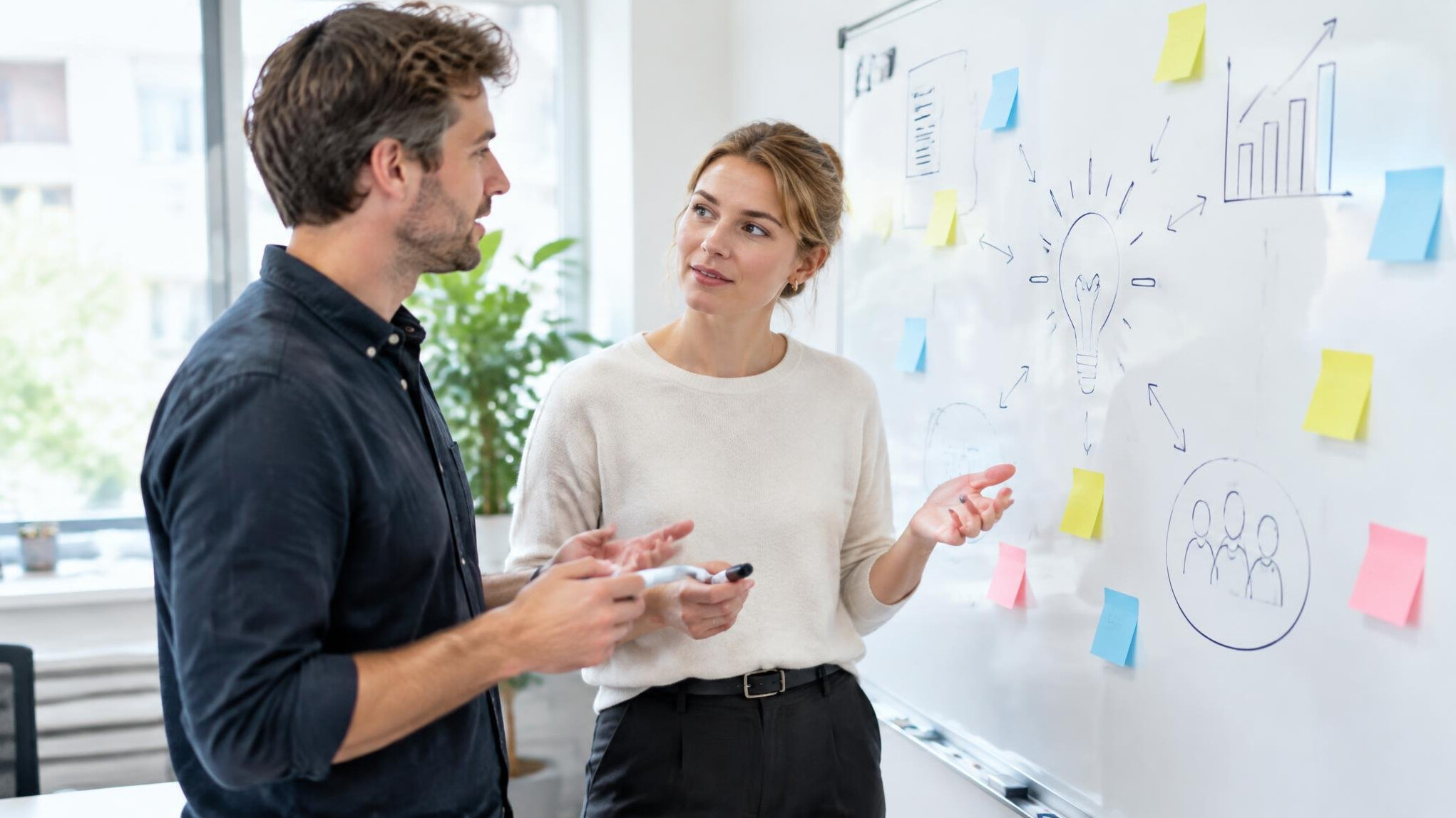 Team discussing ideas in front of a whiteboard