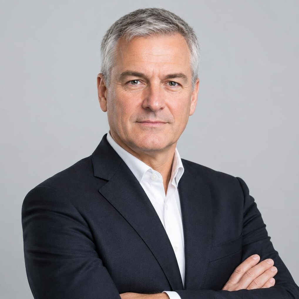 Studio portrait of an older man with gray hair and a suit