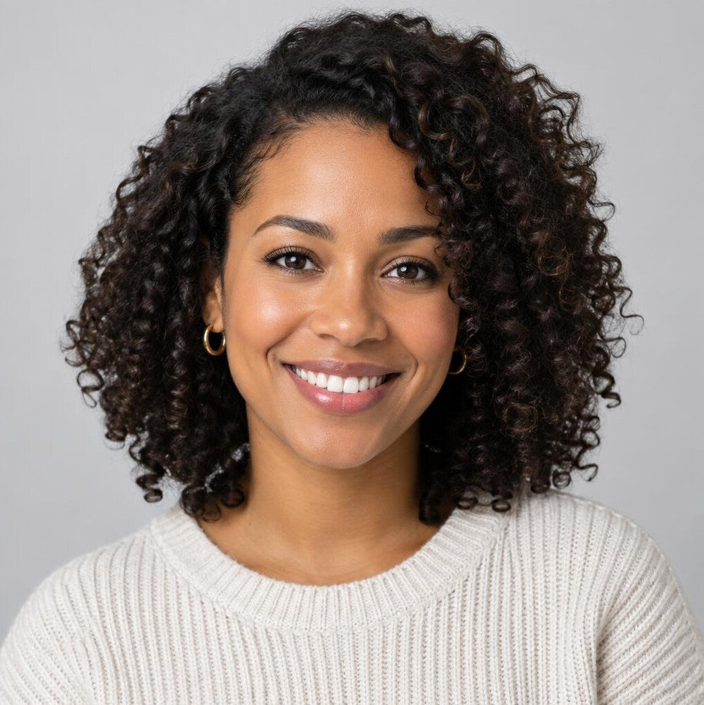 Studio portrait of a young woman with curly hair