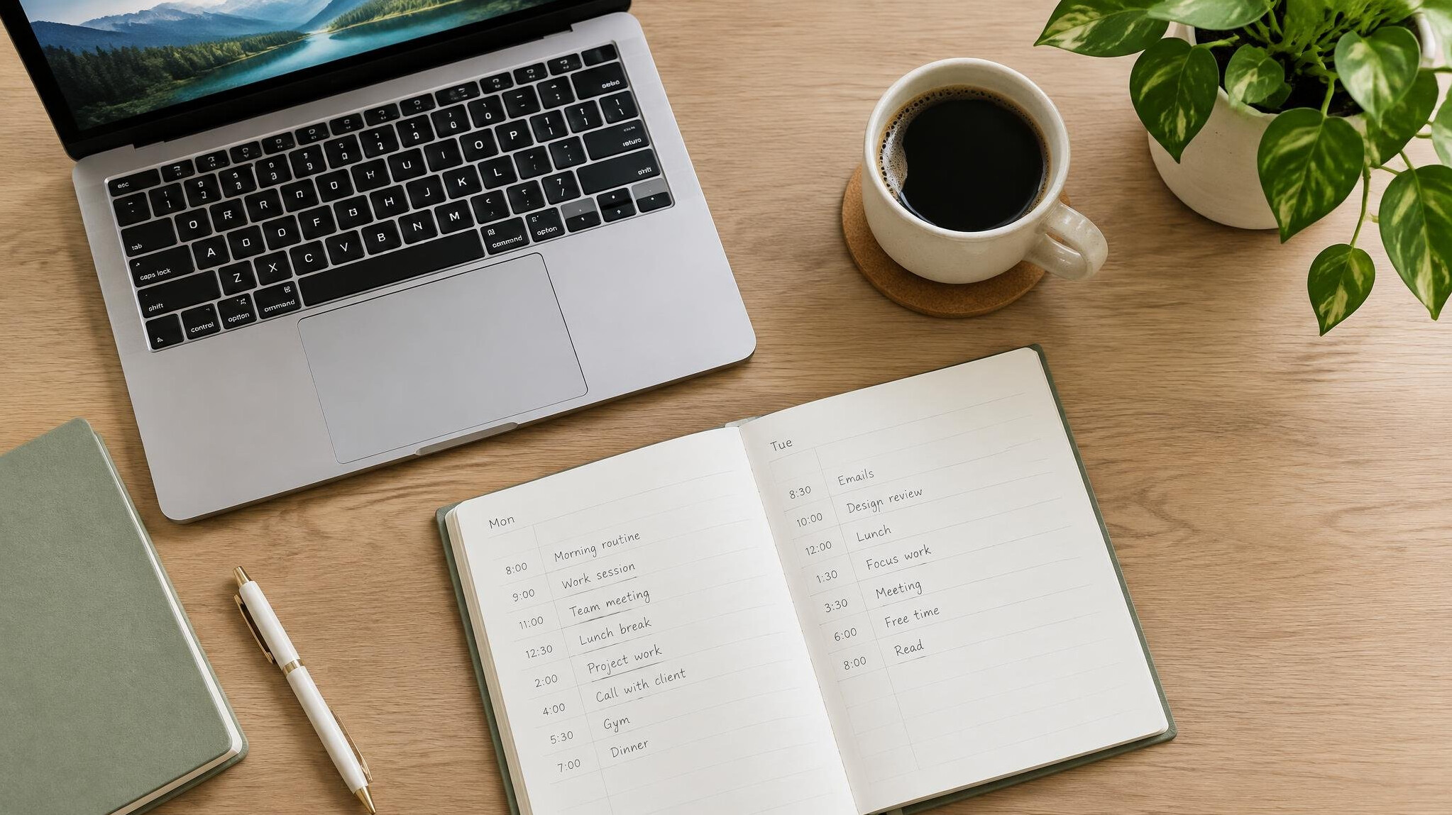 Desk with laptop, planner and coffee cup for time management