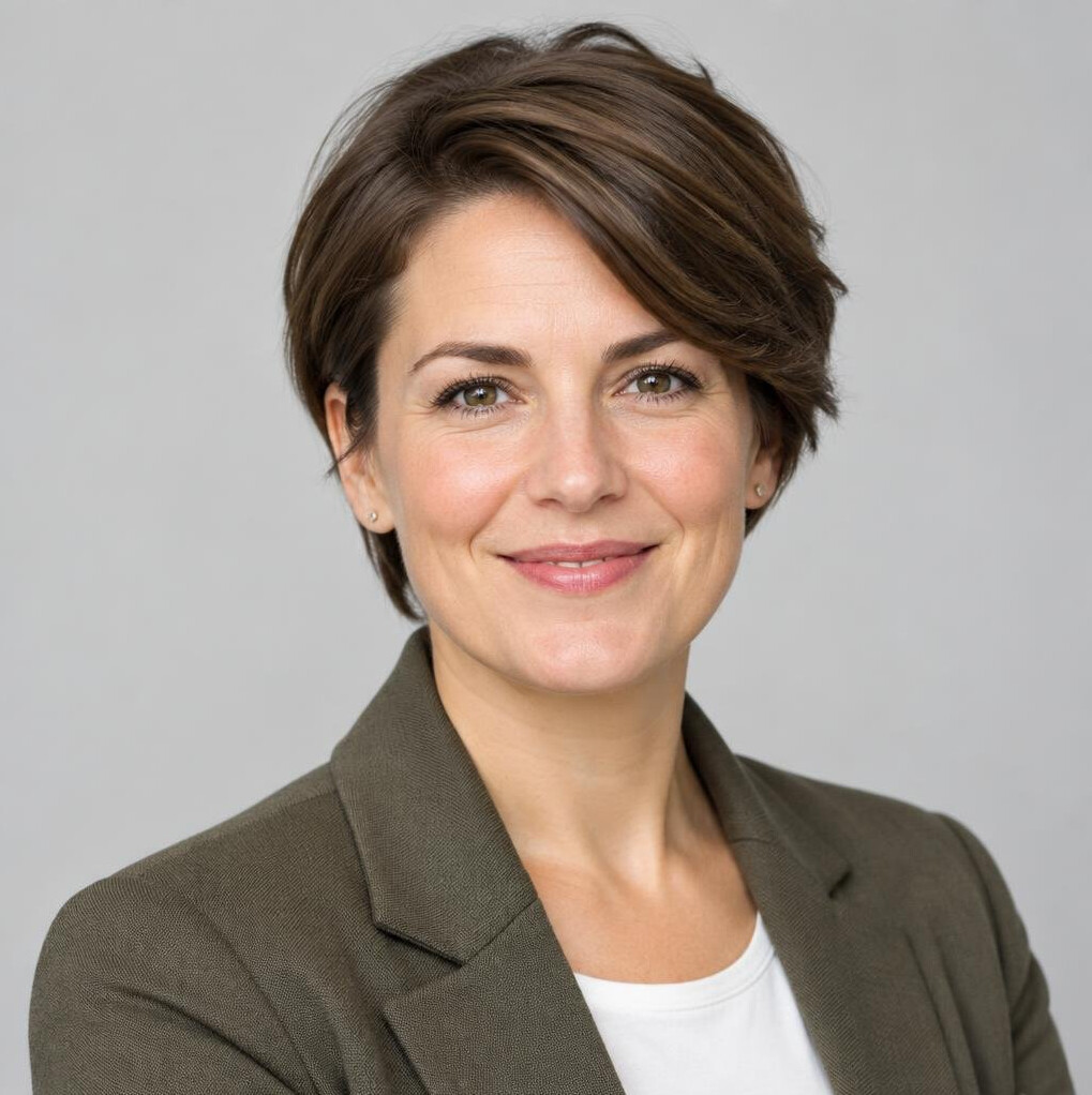 Studio portrait of a woman with short brown hair smiling